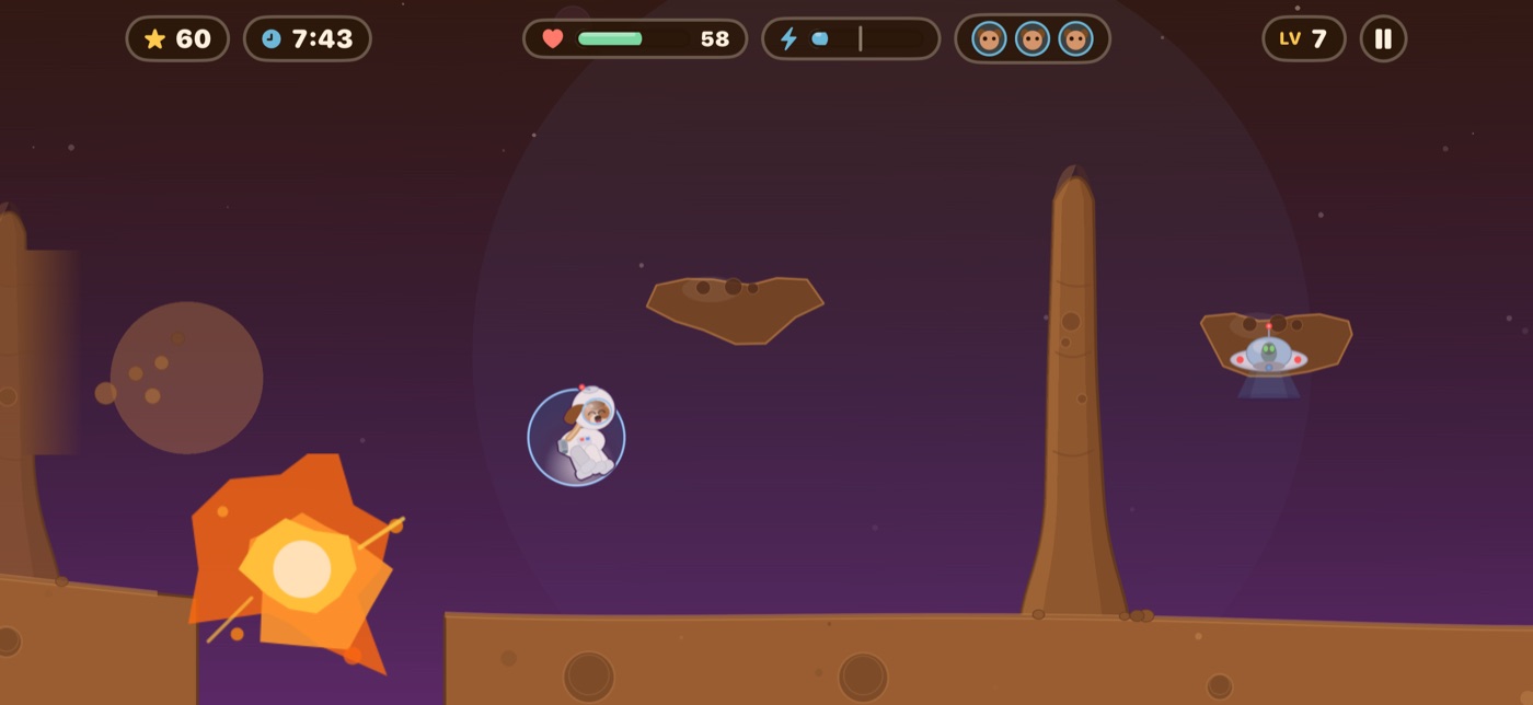 Boomie in his bubble flying past a rock spire as a blast goes off